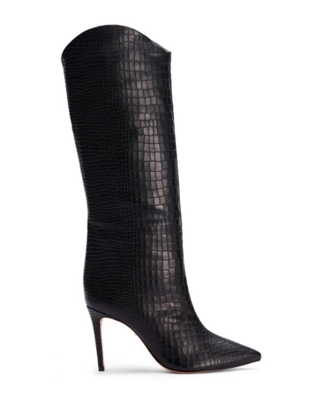 NWOB SCHUTZ Maryana Croc Leather Knee Black Pointy Toe Luxury Boots, Size 9.5